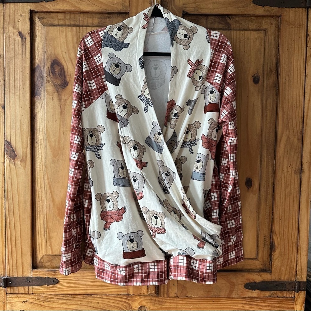 Perfectly Imperfect Comfy Teddy Bear Plaid Pajama Loungewear Wrap Top - Large